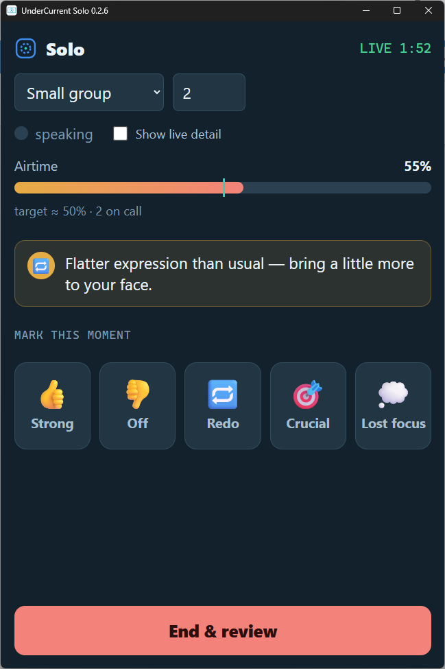The UnderCurrent Solo window during a session: airtime at 55 per cent against a 50 per cent target with two people on the call, one nudge reading "Flatter expression than usual — bring a little more to your face.", and the five buttons for marking a moment.